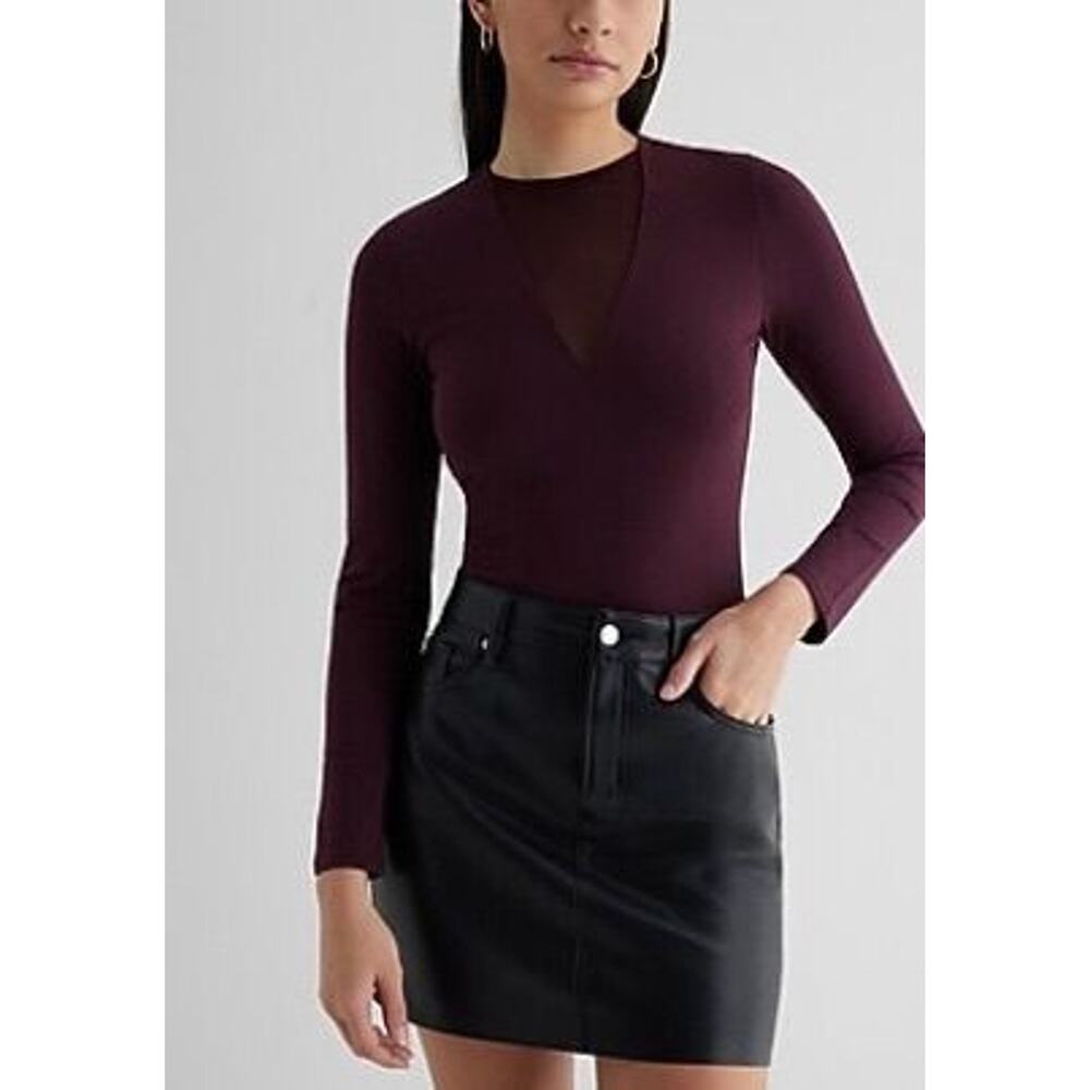 Express Fitted Mesh Pieced Crew Neck Long Sleeve Bodysuit Size XS